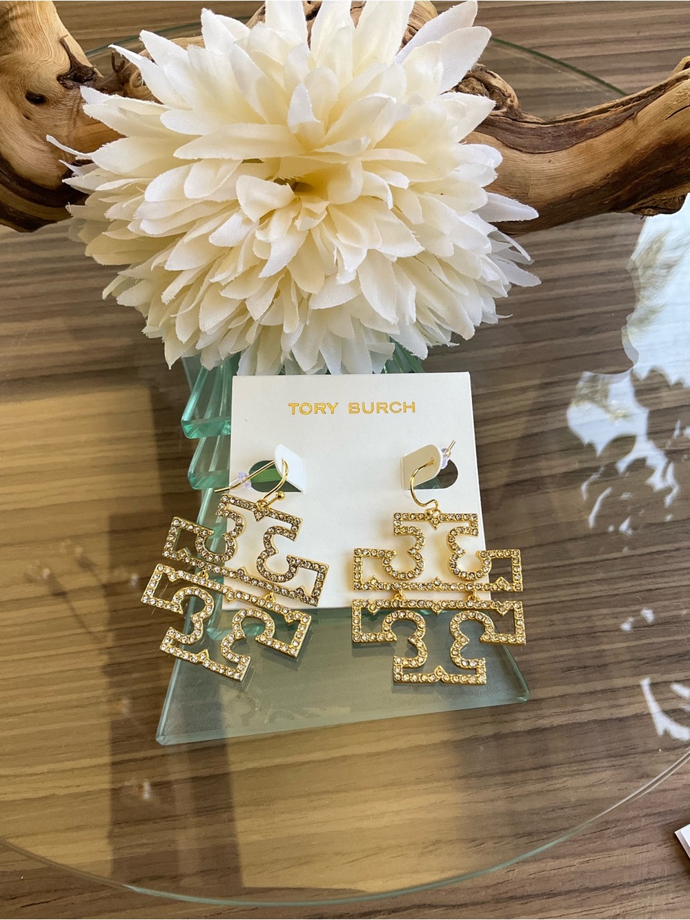 Tory Burch Gold Crystal Logo Drop Earrings - Pavé Double-T